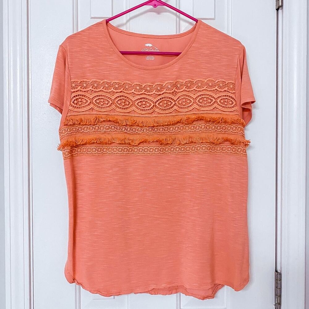 BOB TIMBERLAKE • Orange Crochet Fringe Short Sleeve Blouse